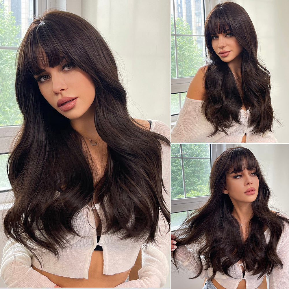 Elegant Long Brown Curly Wig with Bangs | Heat Resistant Synthetic Hair for Women