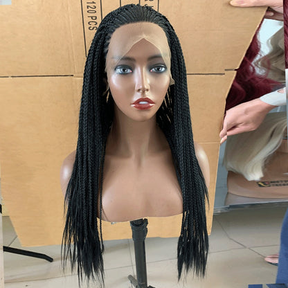Europe Women Front Lace Braided Wig – 24" Chemical Fiber, 13x4 Lace Structure, Korean Silk, Black, Lightweight & Natural