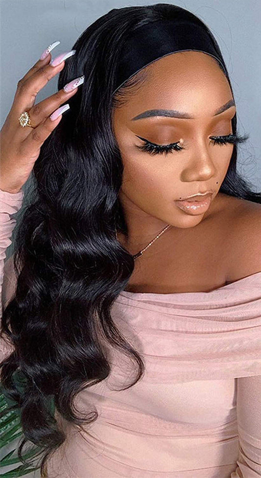 European & American Ice Silk Headband Wig – Real Human Hair, Dyeable, Straight or Oblique Bangs, 8-30 Inches