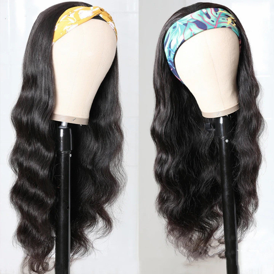 European & American Ice Silk Headband Wig – Real Human Hair, Dyeable, Straight or Oblique Bangs, 8-30 Inches2