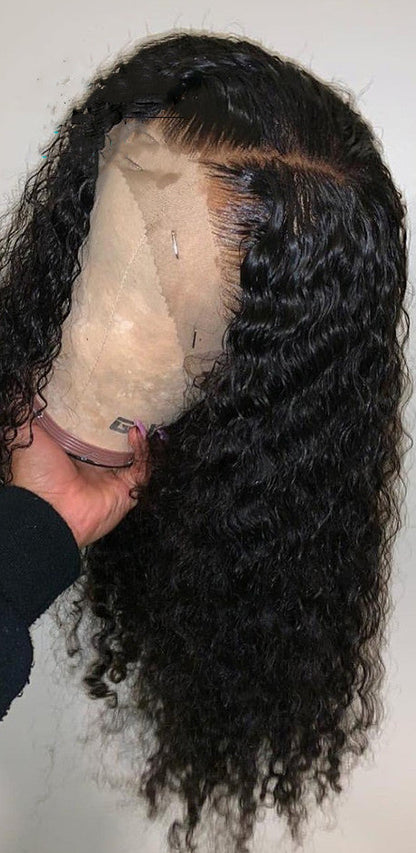 European & American Ladies Black Front Lace Small Wavy Curly Hair Wig – Natural Style, High Temperature Wire, 16-26 Inches, Slanted Bangs