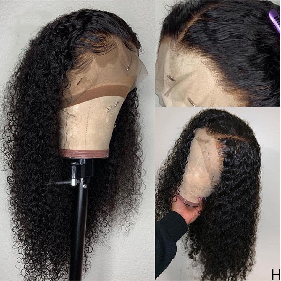European & American Ladies Black Front Lace Small Wavy Curly Hair Wig – Natural Style, High Temperature Wire, 16-26 Inches, Slanted Bangs