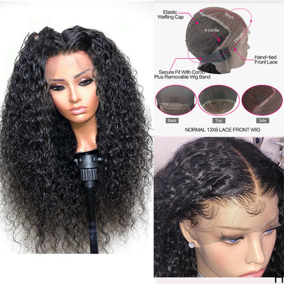 European & American Ladies Black Front Lace Small Wavy Curly Hair Wig – Natural Style, High Temperature Wire, 16-26 Inches, Slanted Bangs