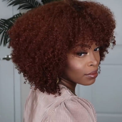 European & American Short Curly Hair Wig for Women – High Temperature Silk, Exotic Style, Qi Bangs, Reddish Brown
