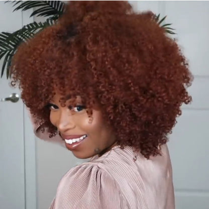 European & American Short Curly Hair Wig for Women – High Temperature Silk, Exotic Style, Qi Bangs, Reddish Brown