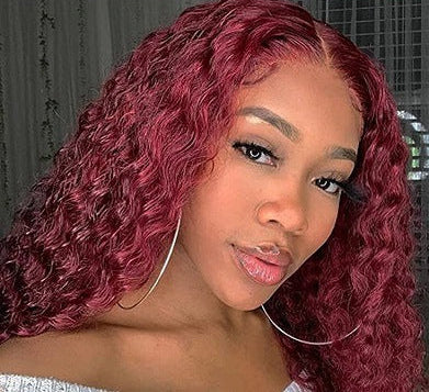 Exotic Long Curly Wig with Oblique Bangs | Wine Red DZCJ273 | High-Temperature Fiber
