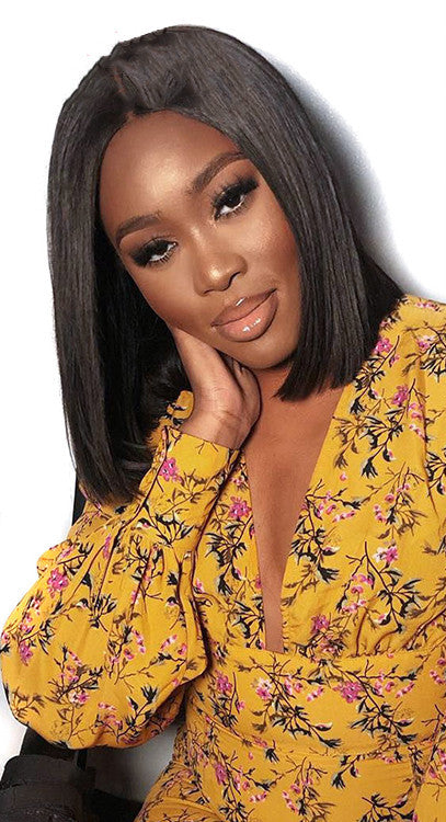 Front Lace Black Short Straight Hair Wig | 12"–26" Length | High-Temperature Silk | Half Hand-Woven Headgear