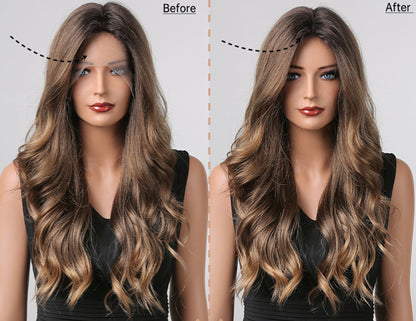 Gradient Brown Long Curly Wig – 26-Inch European and American Style