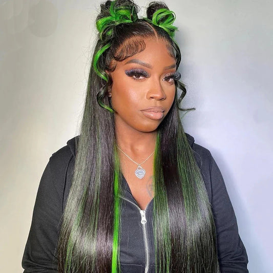 Green Highlight Straight Hair Lace Wig – Human Hair, 13x4 & 13x6 Lace Front, Customizable Lengths, Perfect for All Skin Tones