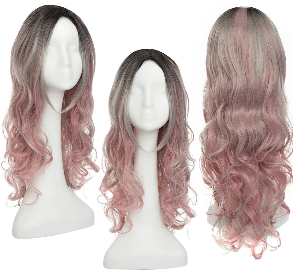 Vibrant Ombre Cosplay Wig – Long 24-26 Inch Heat Resistant Synthetic Hair in Red, Pink, Blue, Brown, Gray, and White Colors
