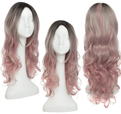 Vibrant Ombre Cosplay Wig – Long 24-26 Inch Heat Resistant Synthetic Hair in Red, Pink, Blue, Brown, Gray, and White Colors