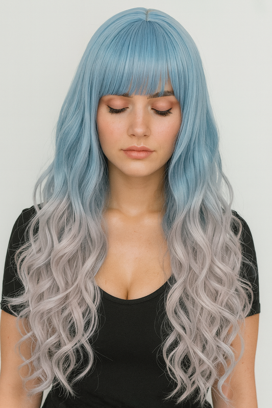 Long Curly Cosplay Wig – 2 Tone Fading Blue Ash Grey Synthetic Hair 65cm