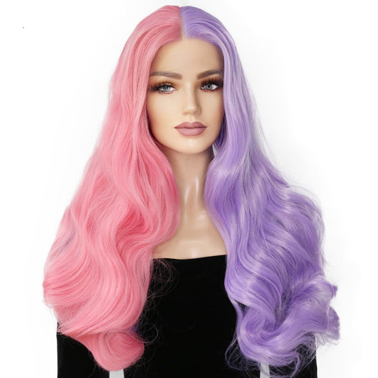 Long Curly Wig with Oblique Bangs - Hand-Woven, Heat-Dyeable, Vibrant Colors