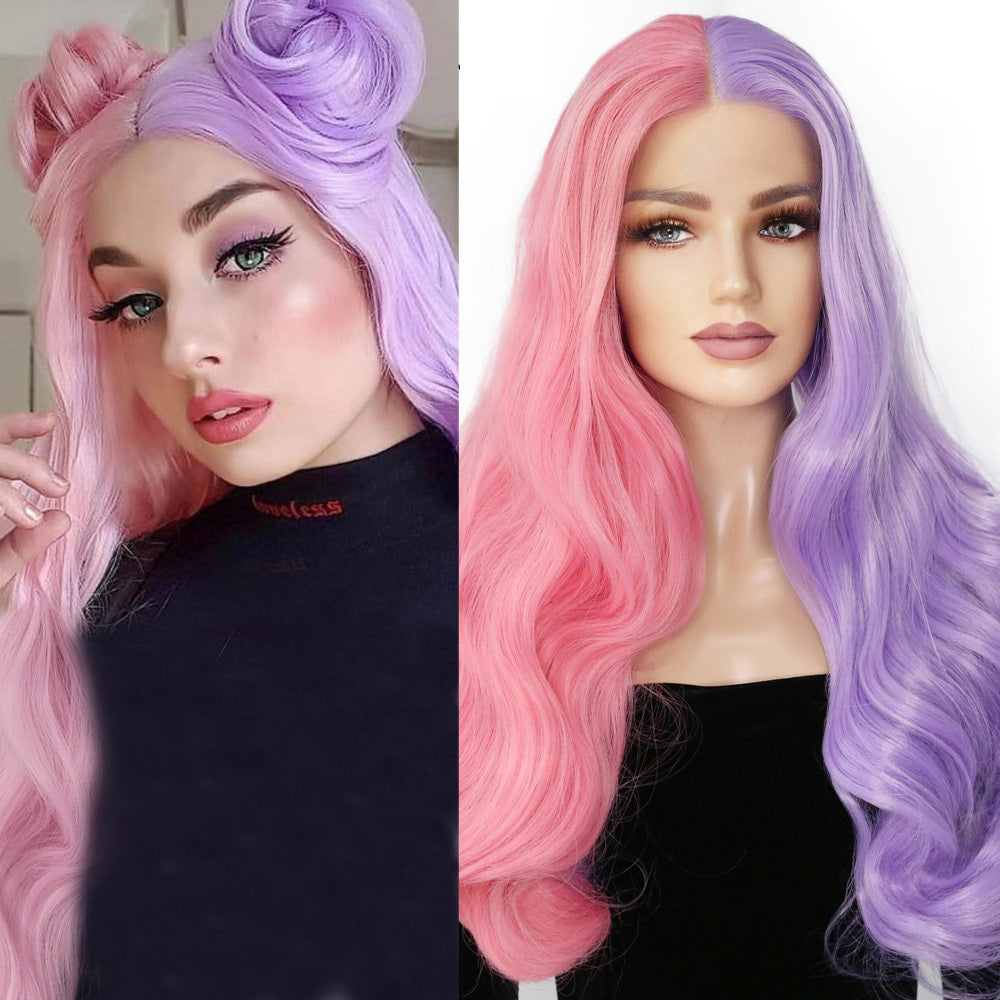 Long Curly Wig with Oblique Bangs - Hand-Woven, Heat-Dyeable, Vibrant Colors