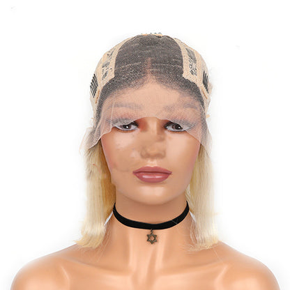 Luxurious Golden Lace Human Hair Wig with Long Bangs – All Hand-Woven for a Natural Look2