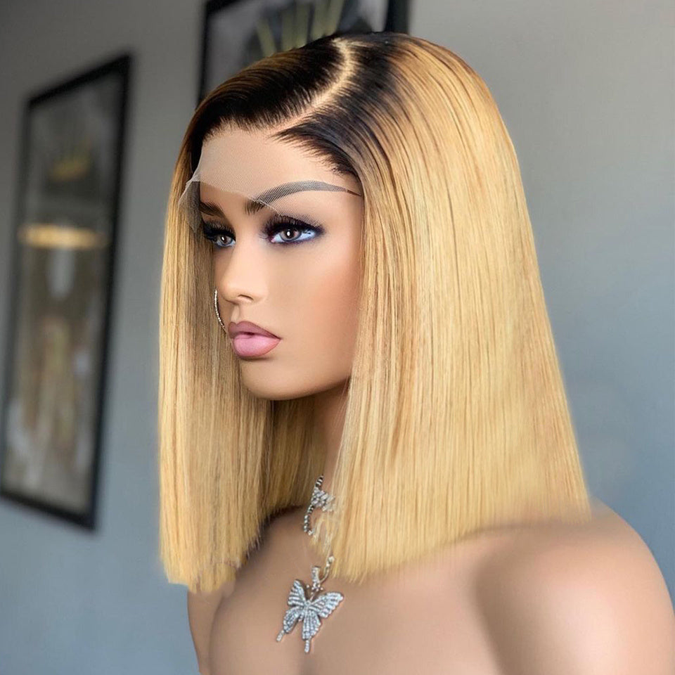 Luxurious Ombre Straight Human Hair Short Bob - Star Fashion Half Lace Wig2