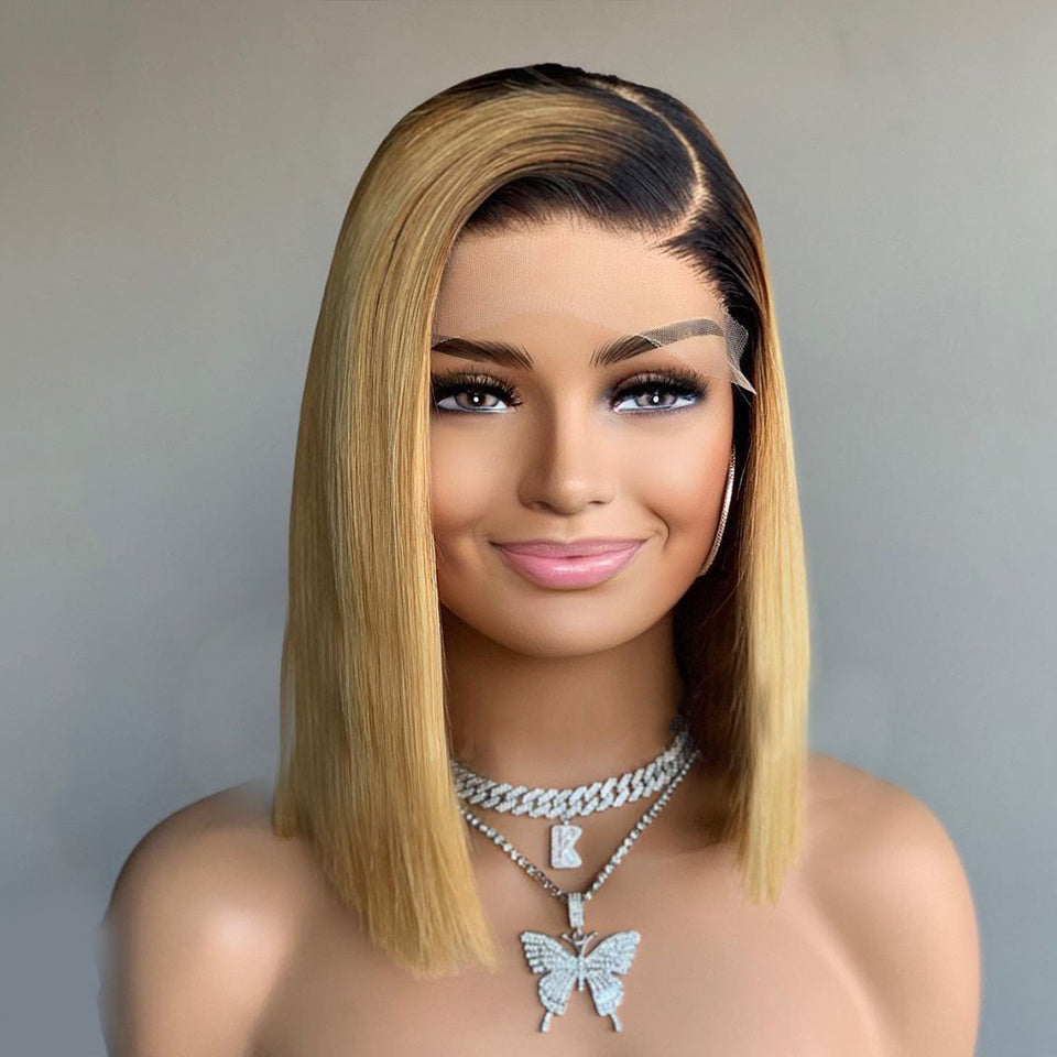 Luxurious Ombre Straight Human Hair Short Bob - Star Fashion Half Lace Wig3