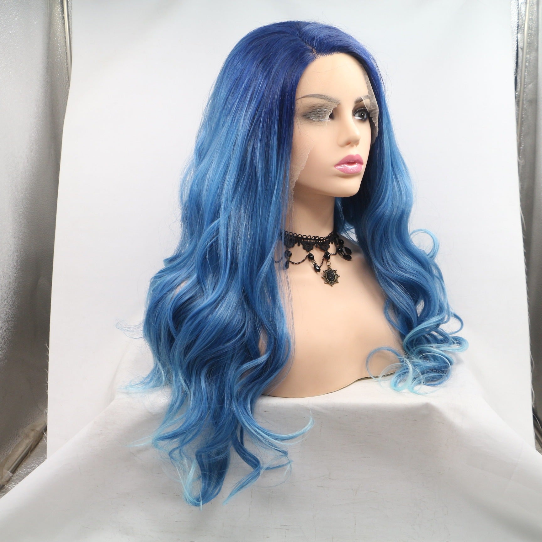 Matte Blue Long Curly Hair Wig with Middle Part and Front Lace - Fashionable Chemical Fiber Design