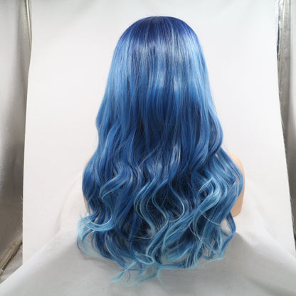 Matte Blue Long Curly Hair Wig with Middle Part and Front Lace - Fashionable Chemical Fiber Design
