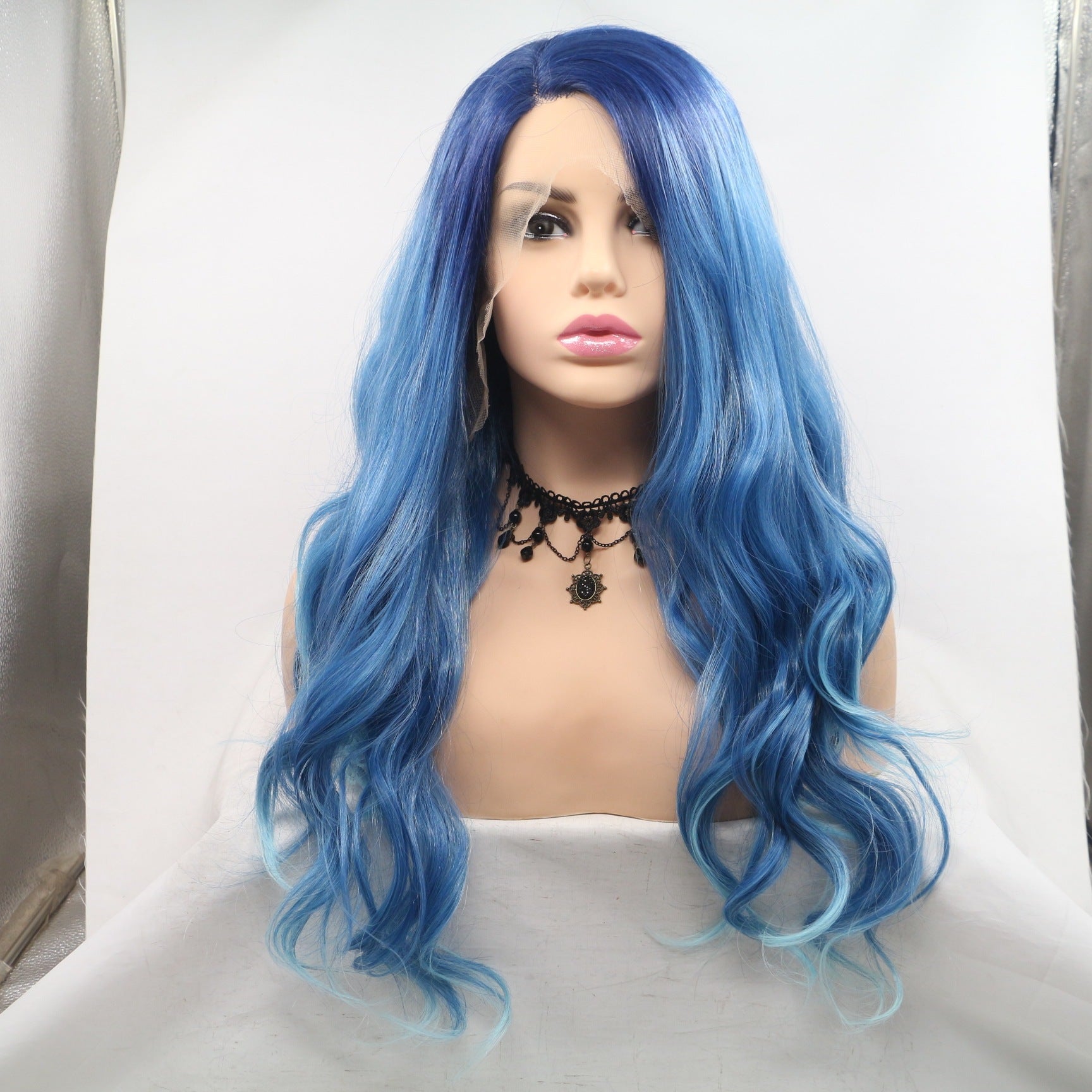 Matte Blue Long Curly Hair Wig with Middle Part and Front Lace - Fashionable Chemical Fiber Design