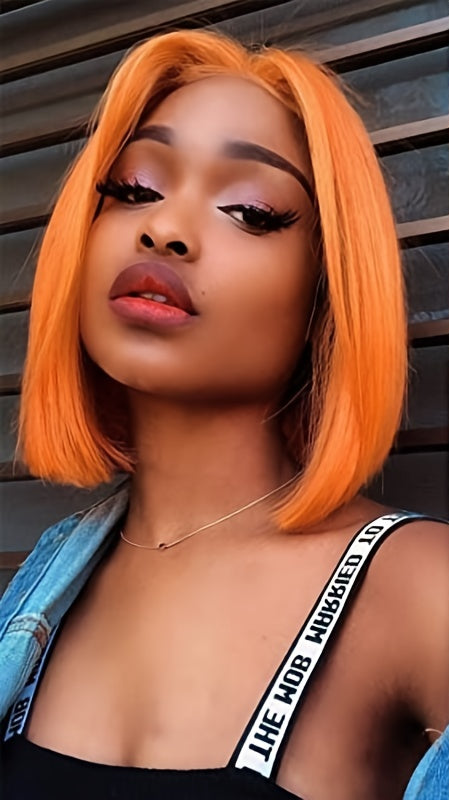 Orange Straight Lace Front Human Hair Wig – Glueless, Volumizing, Alcohol-Free