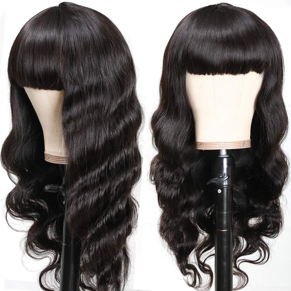 Premium Black Human Hair Wig with Versatile Bangs - Star Fashion Long Curly Hairstyle2