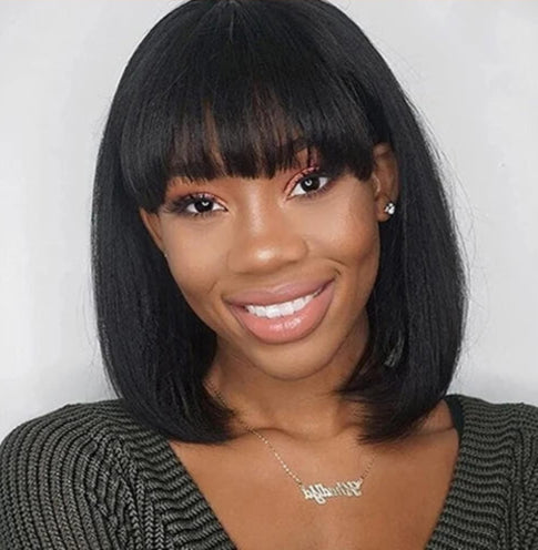 Peruvian Straight Bob Wig with Bangs - 100% Human Hair, No Shedding, Glueless Fringe Wig
