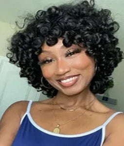Bouncy Curly Bob Wig with Bangs – 9A Virgin Human Hair, Pixie Cut, Shedding-Free, Tangle-Free
