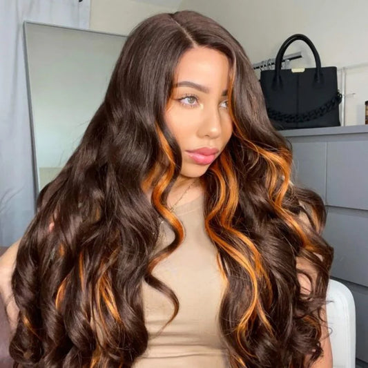 Ombre Brown Blonde Wavy Synthetic Lace Front Wig – Ginger Orange Highlights, Heat-Resistant & Glueless, Pre-Plucked for Natural Look