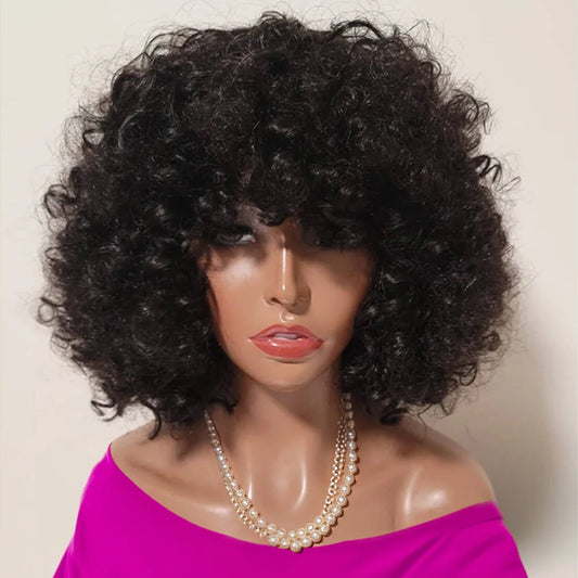 Short Jerry Curl Human Hair Wig - Natural Look Swiss Lace, Transparent Cap