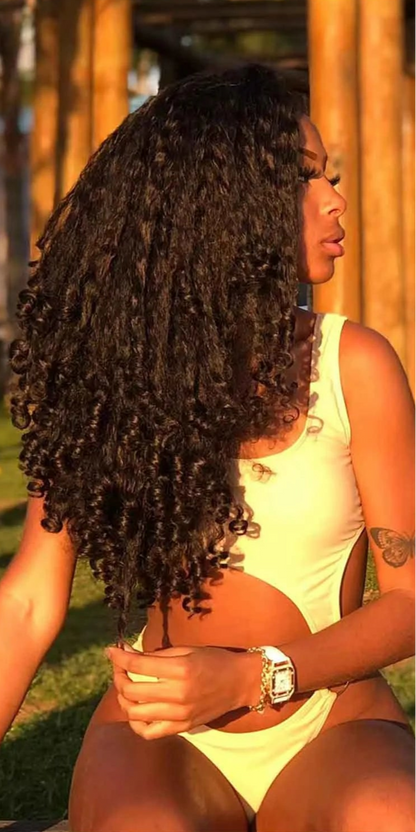 V Part Afro Curly Wig - 26+ Inch, High Temp Fiber, No Glue, Easy Install, 250% Density, Lightweight