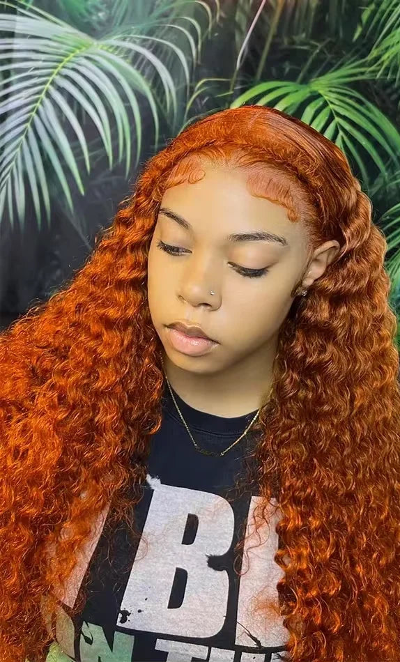 26+ Inch Curly Human Hair Wig – 350# Orange Ginger, HD Lace Front, Pre-Plucked with Baby Hair
