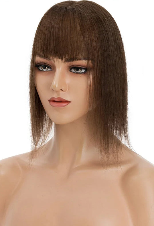 Premium Human Hair Topper with Bangs | Straight Silk Base 100% Real Hair