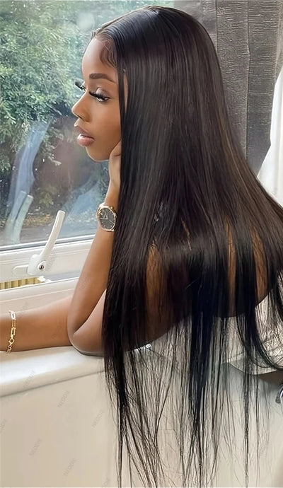 Premium 26+ Inch Straight Lace Front Wig - Natural Black, Swiss Lace, Pre-Plucked, No Shedding, Can Be Permed"