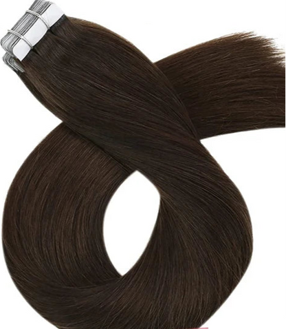Premium 100% Human Hair Tape-In Extensions – Straight, Natural Hair | 14-24 Inch, 20-100 Pieces, Dark Brown #4