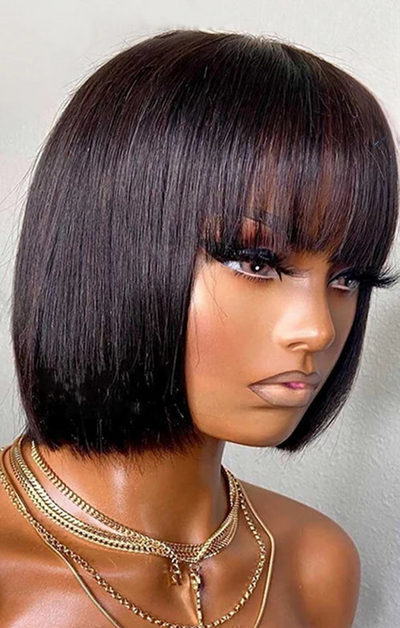 Straight Human Hair Bob Wig with Bangs – 100% Brazilian Remy Hair, High Density & Natural Look