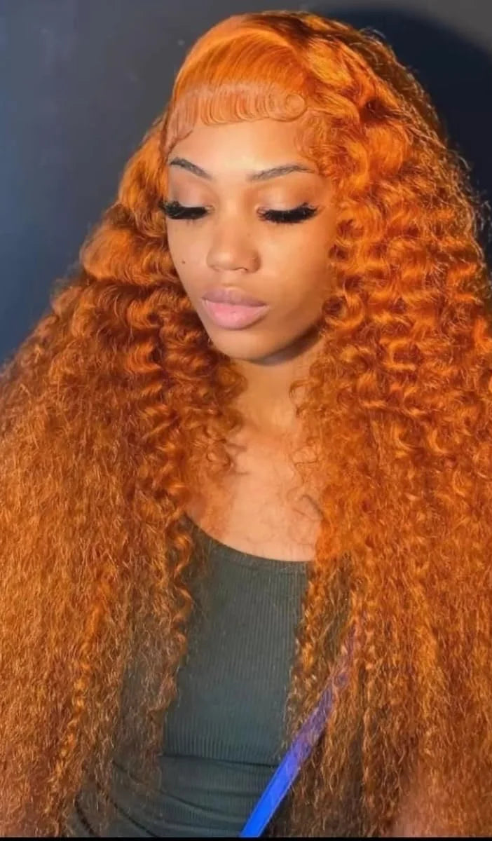 26+ Inch Curly Human Hair Wig – 350# Orange Ginger, HD Lace Front, Pre-Plucked with Baby Hair