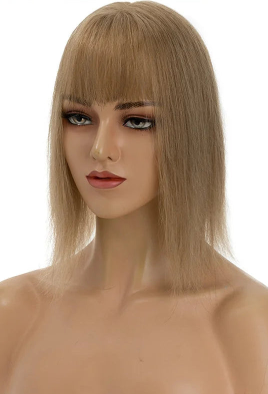 Premium Human Hair Topper with Bangs | Straight Silk Base 100% Real Hair