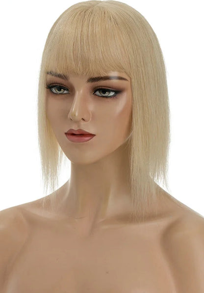Premium Human Hair Topper with Bangs | Straight Silk Base 100% Real Hair