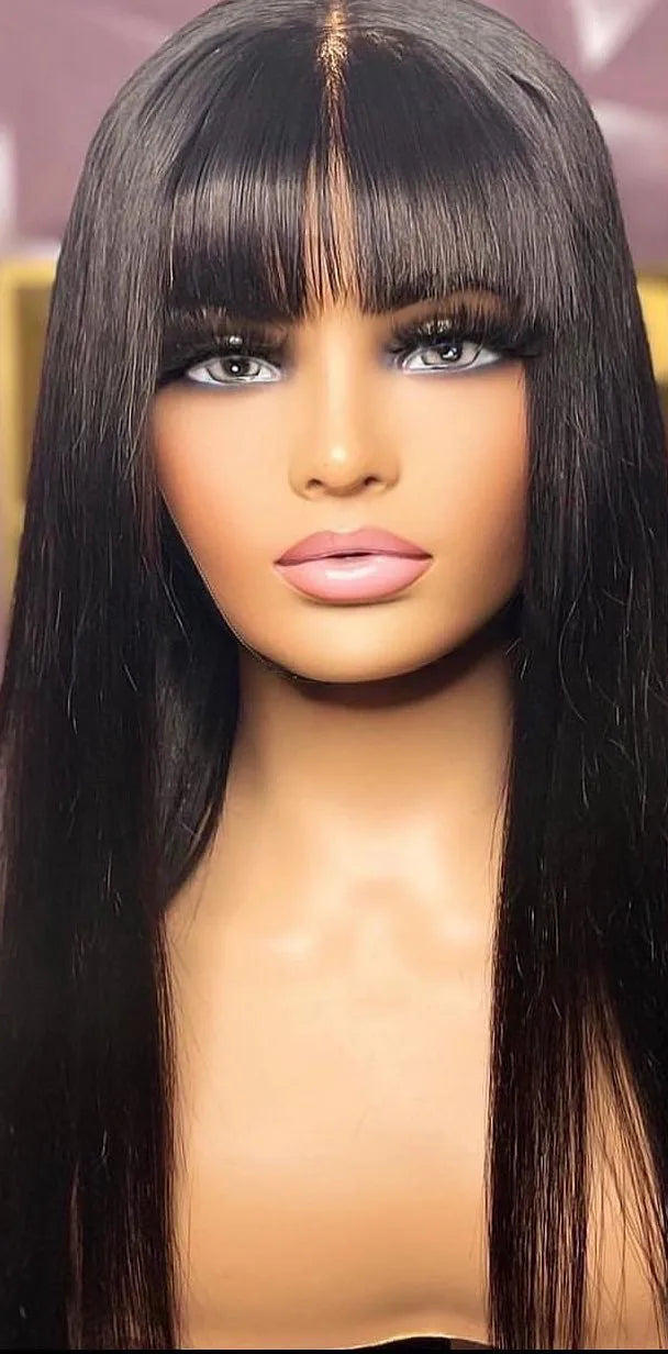 Premium Straight Human Hair Wig with Bangs – Transparent Lace, Natural Hairline & 30-36 Inch Length