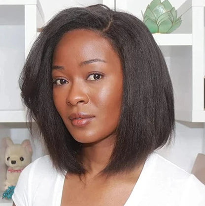 Kinky Straight Bob Wig with Pre-Plucked 4C Edges – 100% Hair, 4x4/13x4 Lace Frontal, Natural Black