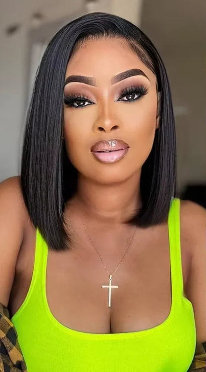 13x4 Lace Front Straight Bob Wig – 100% Human Hair, Natural Black, Pre-Plucked for a Flawless Look