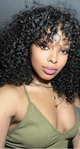 Virgin Straight Human Hair Wig with Wispy Bangs – Glueless, 150% Density, Medium Cap