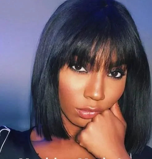 100% Straight Human Hair Bob Wig with Bangs – Realistic Scalp, Lightweight, Adjustable Cap Size