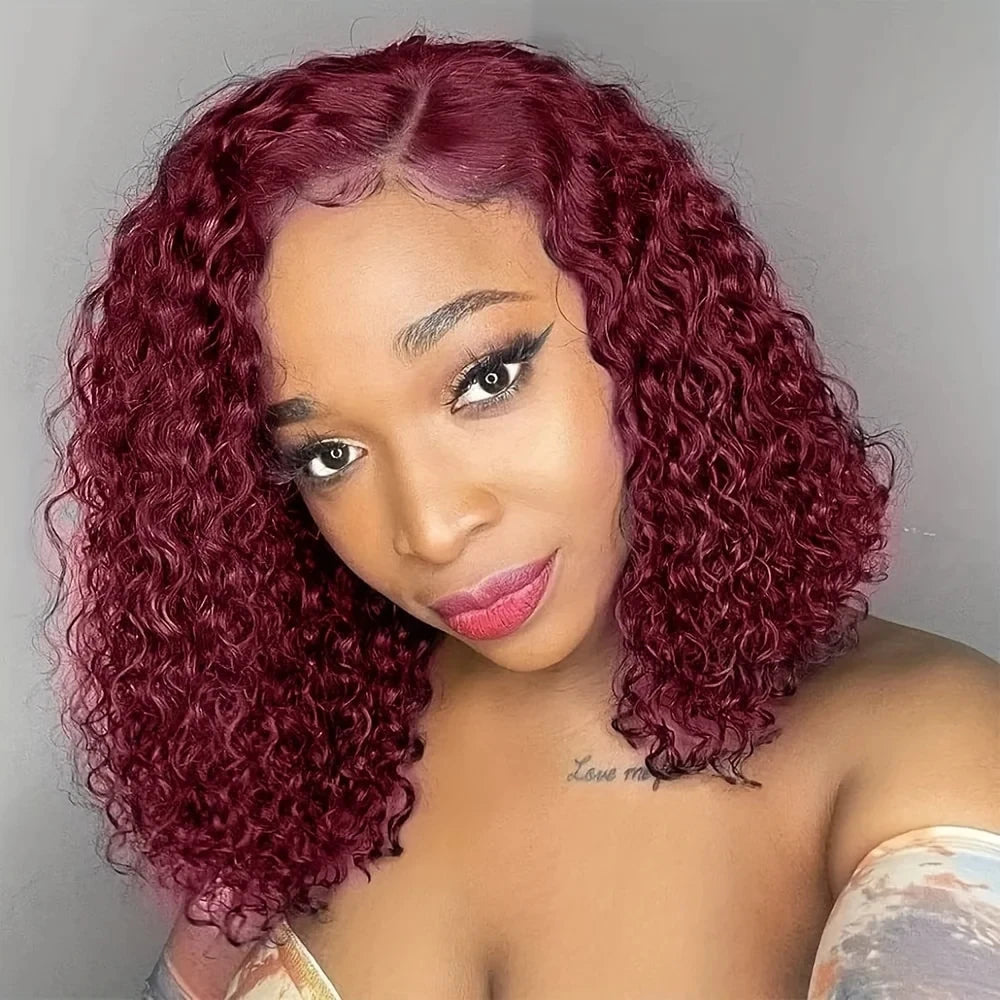 99J Burgundy Water Wave Lace Front Bob Wig – 100% Human Hair, Pre-Plucked, 13x4 Lace Closure