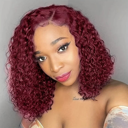99J Burgundy Water Wave Lace Front Bob Wig – 100% Human Hair, Pre-Plucked, 13x4 Lace Closure