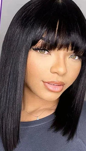 100% Straight Human Hair Bob Wig with Bangs – Realistic Scalp, Lightweight, Adjustable Cap Size