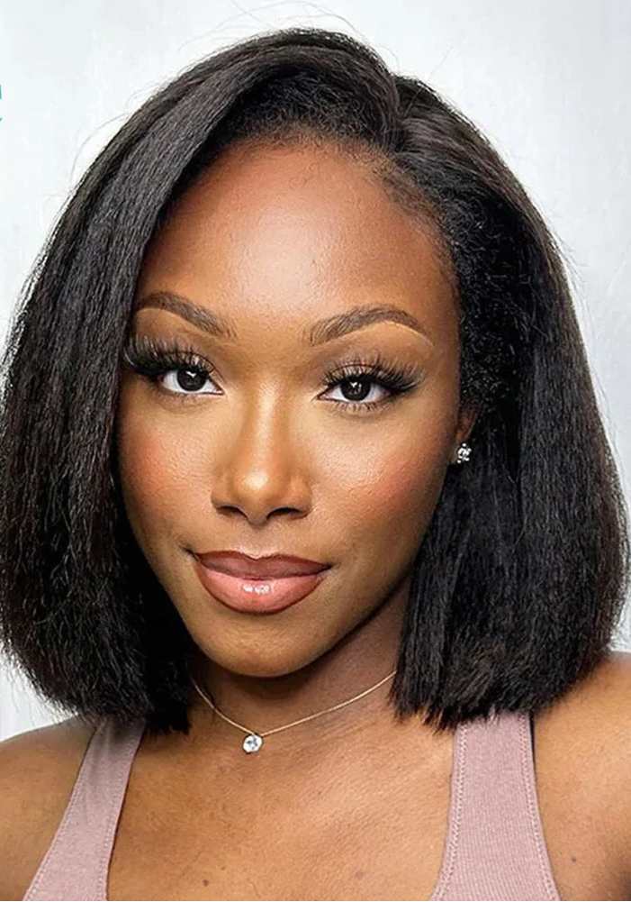 Kinky Straight Bob Wig with Pre-Plucked 4C Edges – 100% Hair, 4x4/13x4 Lace Frontal, Natural Black