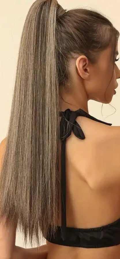 Long Straight Synthetic Ponytail Extension Clip Wrap – Heat-Resistant, Durable Brown Hairpiece for Women
