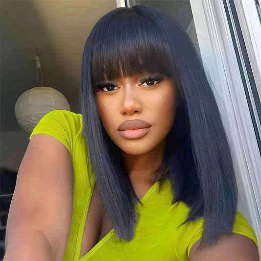 Glueless 3x1 Straight Human Hair Bob Wig with Bangs - Pre-Plucked, Swiss Lace, 100% Natural Hair
